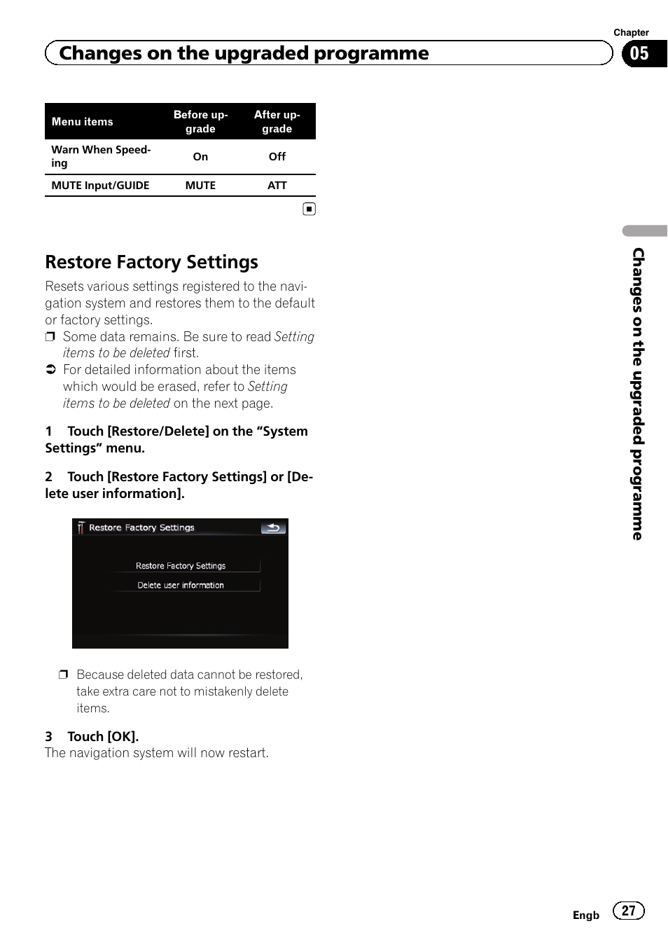 Restore factory settings, Changes on the upgraded programme | Pioneer CNSD-350FM User Manual | Page 27 / 32