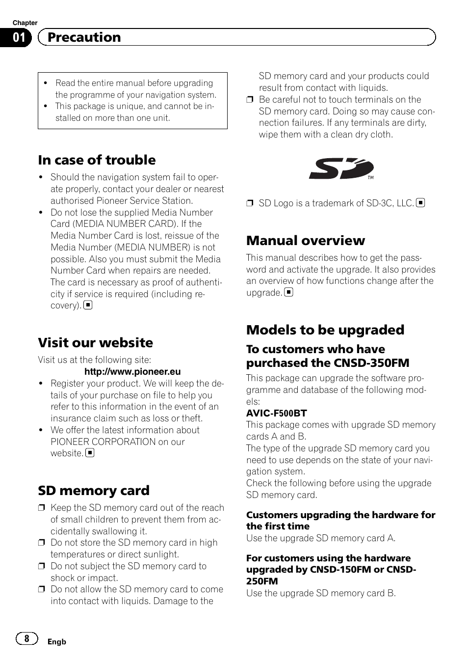 Precaution in case of trouble, Visit our website, Sd memory card | Manual overview, Models to be upgraded, To customers who have purchased the, Cnsd-350fm, 01 precaution | Pioneer CNSD-350FM User Manual | Page 8 / 32