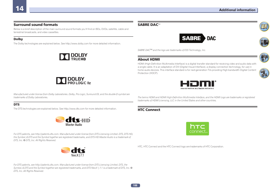 14 additional information, Surround sound formats sabre dac, About hdmi htc connect | Pioneer VSX-924-S User Manual | Page 108 / 123