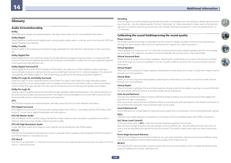 Glossary | Pioneer VSX-924-S User Manual | Page 114 / 123