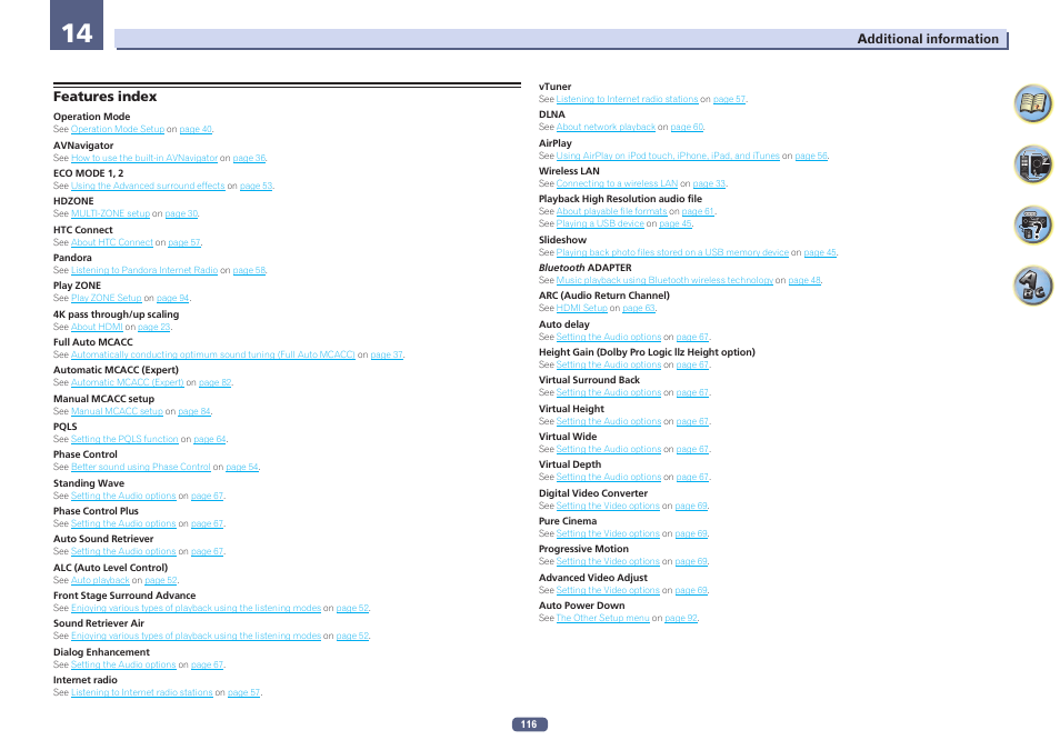 Features index | Pioneer VSX-924-S User Manual | Page 116 / 123