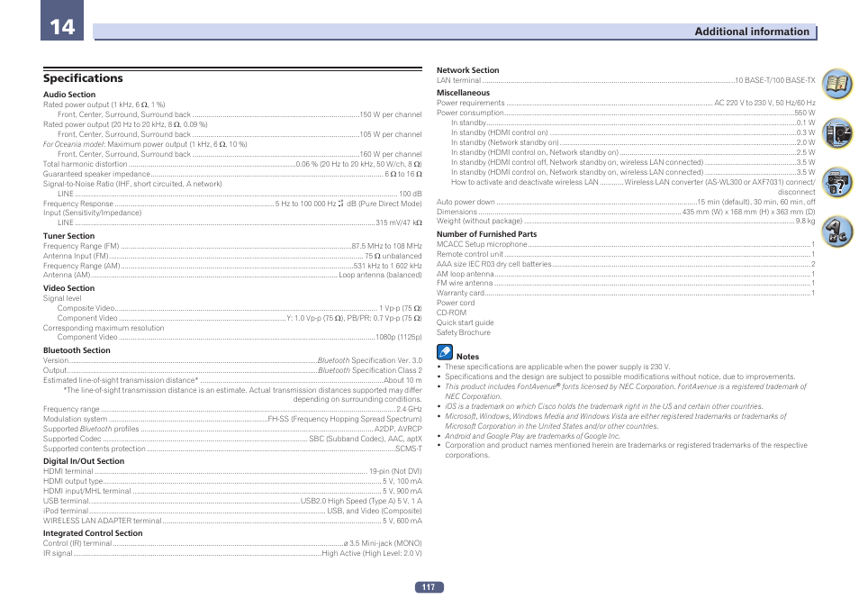 Specifications | Pioneer VSX-924-S User Manual | Page 117 / 123