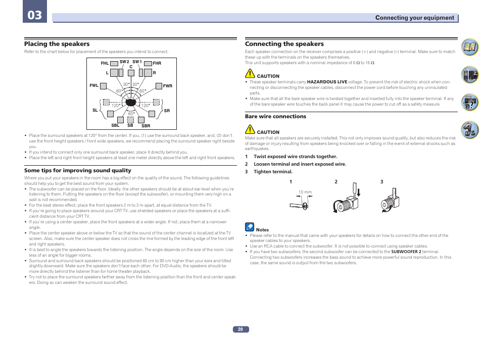Placing the speakers connecting the speakers | Pioneer VSX-924-S User Manual | Page 20 / 123