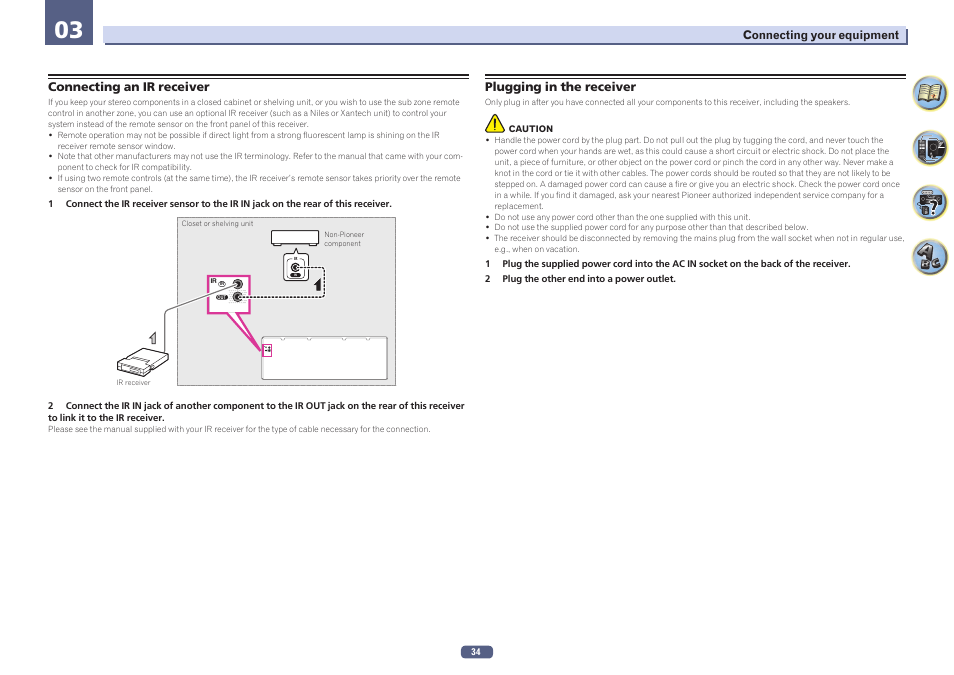 Connecting an ir receiver plugging in the receiver | Pioneer VSX-924-S User Manual | Page 34 / 123