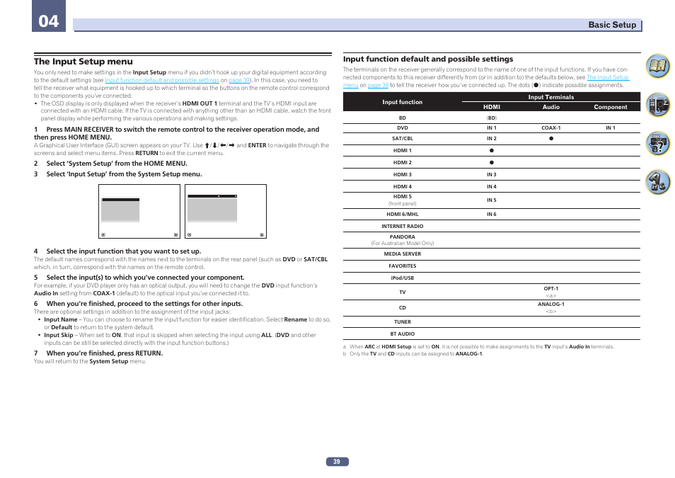 The input setup menu, Basic setup | Pioneer VSX-924-S User Manual | Page 39 / 123