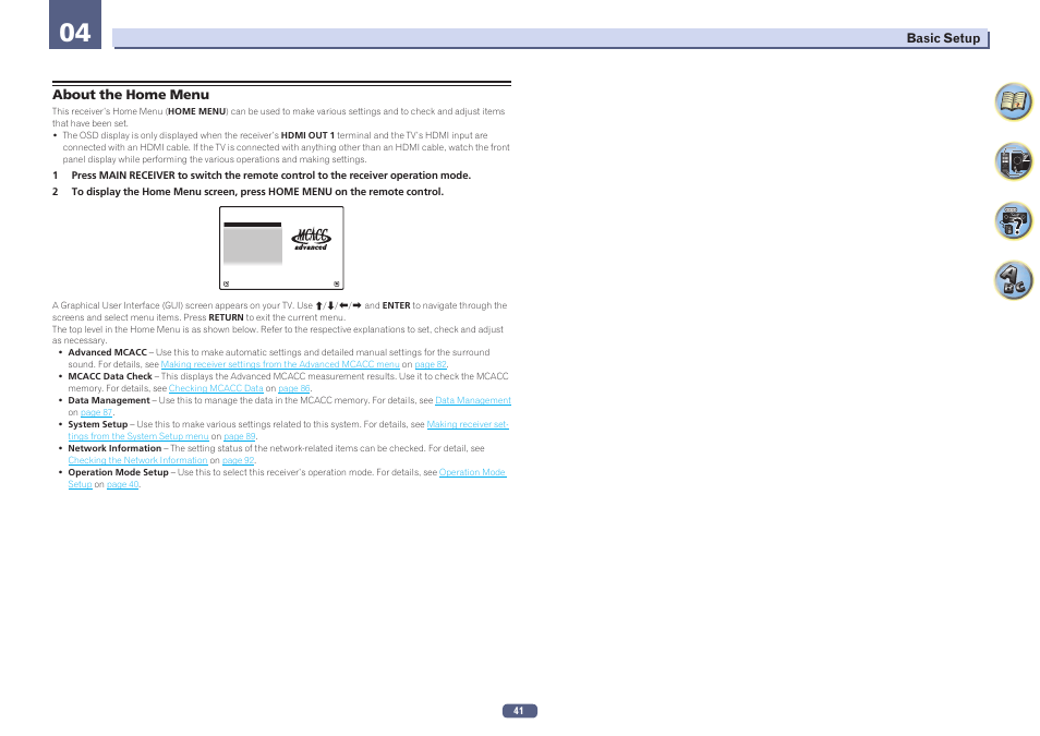 About the home menu | Pioneer VSX-924-S User Manual | Page 41 / 123