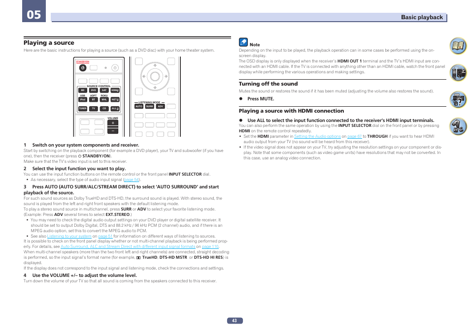 05 basic playback, Playing a source | Pioneer VSX-924-S User Manual | Page 43 / 123