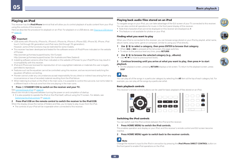 Playing an ipod | Pioneer VSX-924-S User Manual | Page 44 / 123