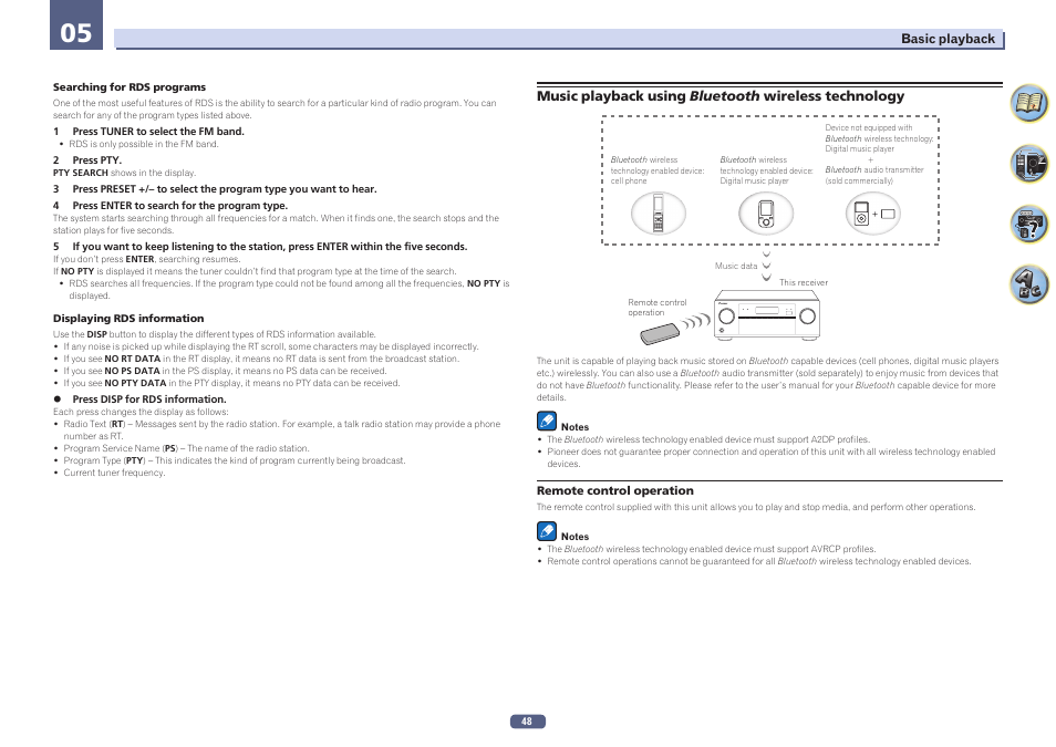 Music playback using bluetooth wireless technology | Pioneer VSX-924-S User Manual | Page 48 / 123