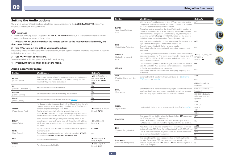 09 using other functions, Setting the audio options | Pioneer VSX-924-S User Manual | Page 67 / 123