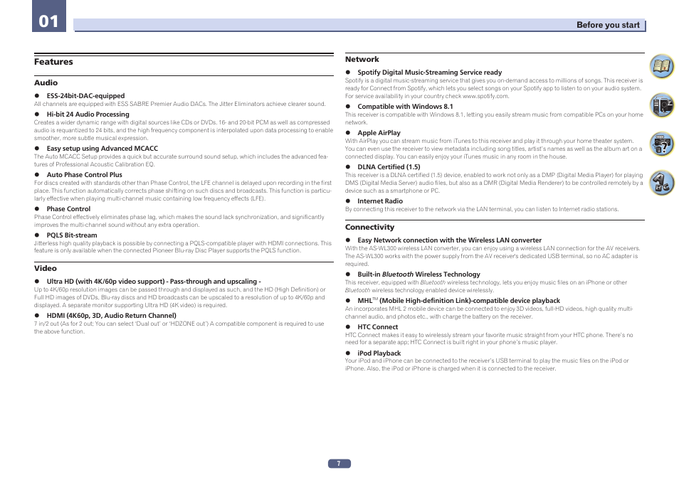 01 before you start, Features | Pioneer VSX-924-S User Manual | Page 7 / 123