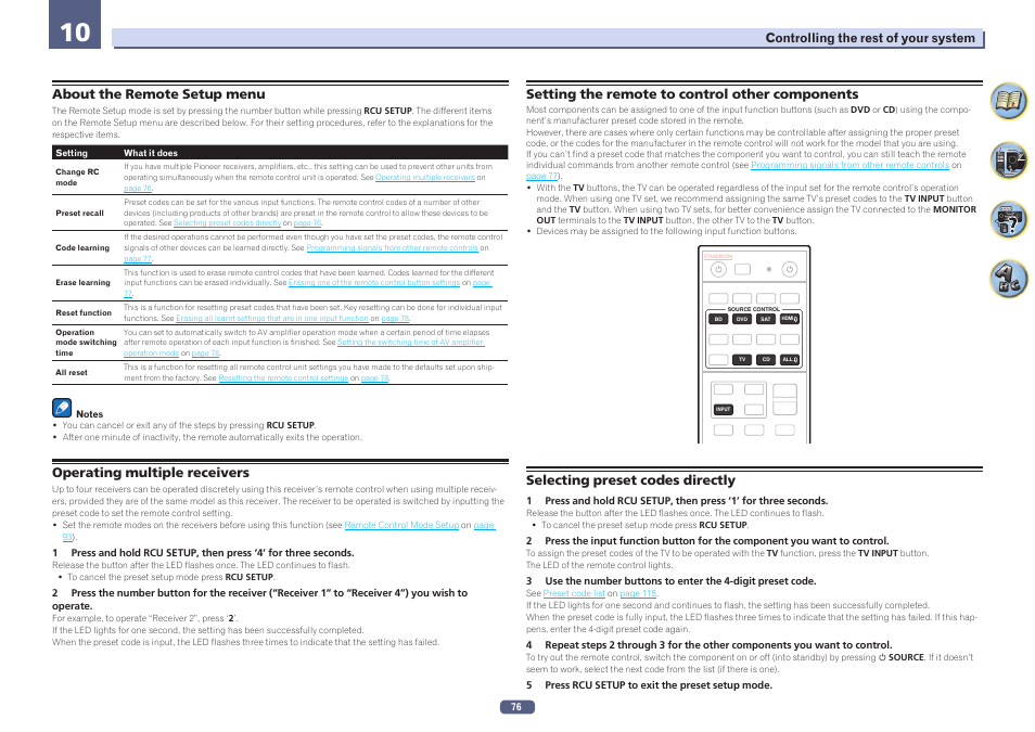 10 controlling the rest of your system, About the remote setup menu, Operating multiple receivers | Setting the remote to control other components, Selecting preset codes directly | Pioneer VSX-924-S User Manual | Page 76 / 123