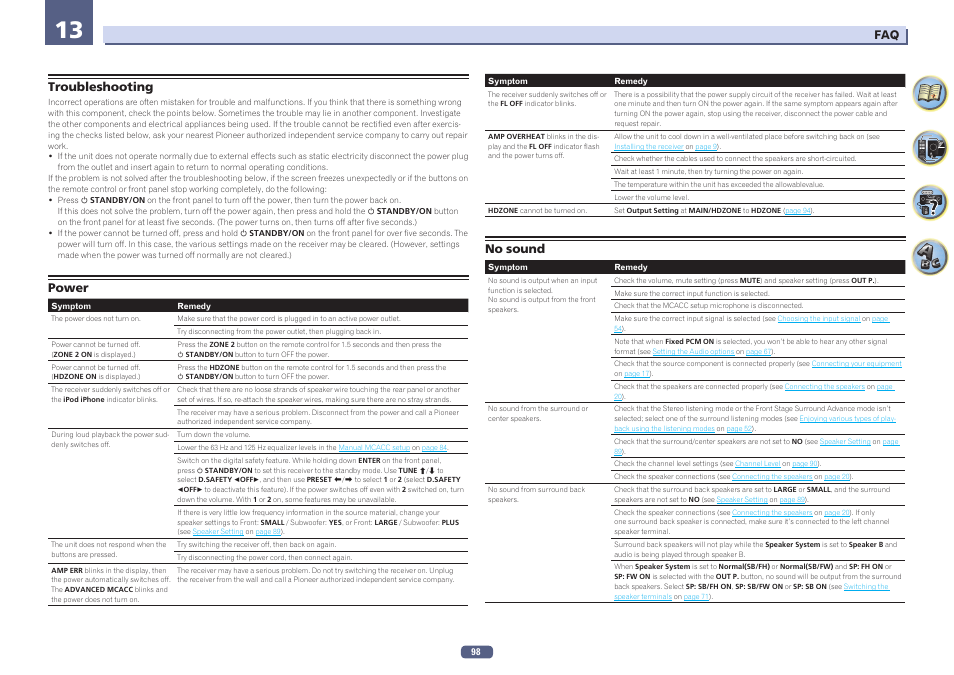 13 faq, Troubleshooting power no sound, Troubleshooting | Power, No sound | Pioneer VSX-924-S User Manual | Page 98 / 123