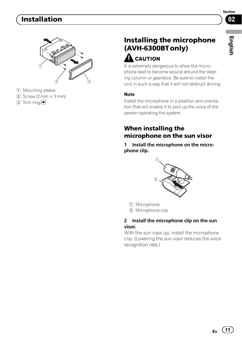 Installing the microphone (avh-6300bt only), 02 installation, When installing the microphone on the sun visor | Pioneer AVH-5300DVD User Manual | Page 11 / 76