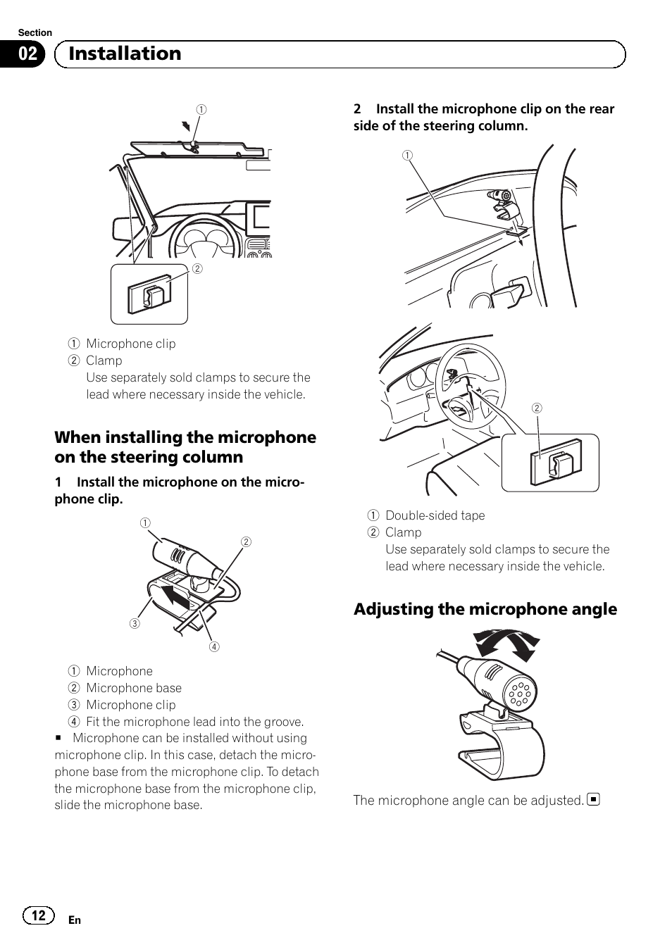 02 installation, Adjusting the microphone angle | Pioneer AVH-5300DVD User Manual | Page 12 / 76