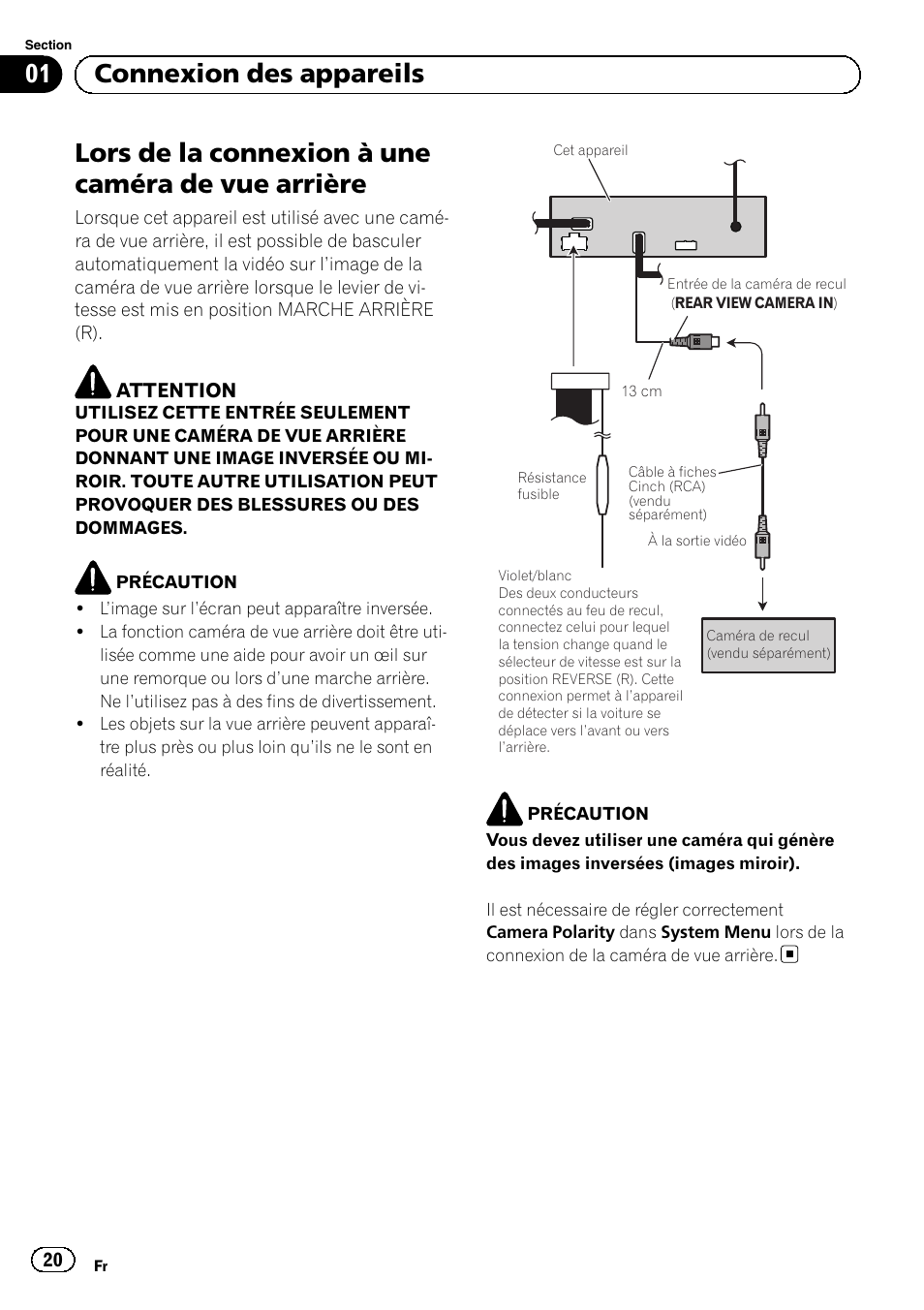 Lors de la connexion à une caméra de vue arrière, 01 connexion des appareils | Pioneer AVH-5300DVD User Manual | Page 20 / 76