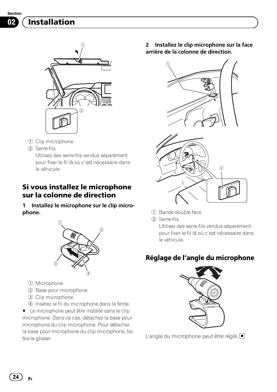 02 installation, Réglage de l ’angle du microphone | Pioneer AVH-5300DVD User Manual | Page 24 / 76