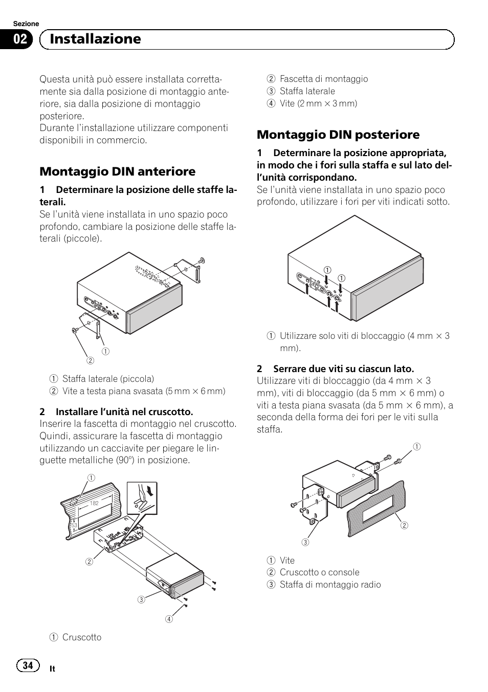 02 installazione, Montaggio din anteriore, Montaggio din posteriore | Pioneer AVH-5300DVD User Manual | Page 34 / 76