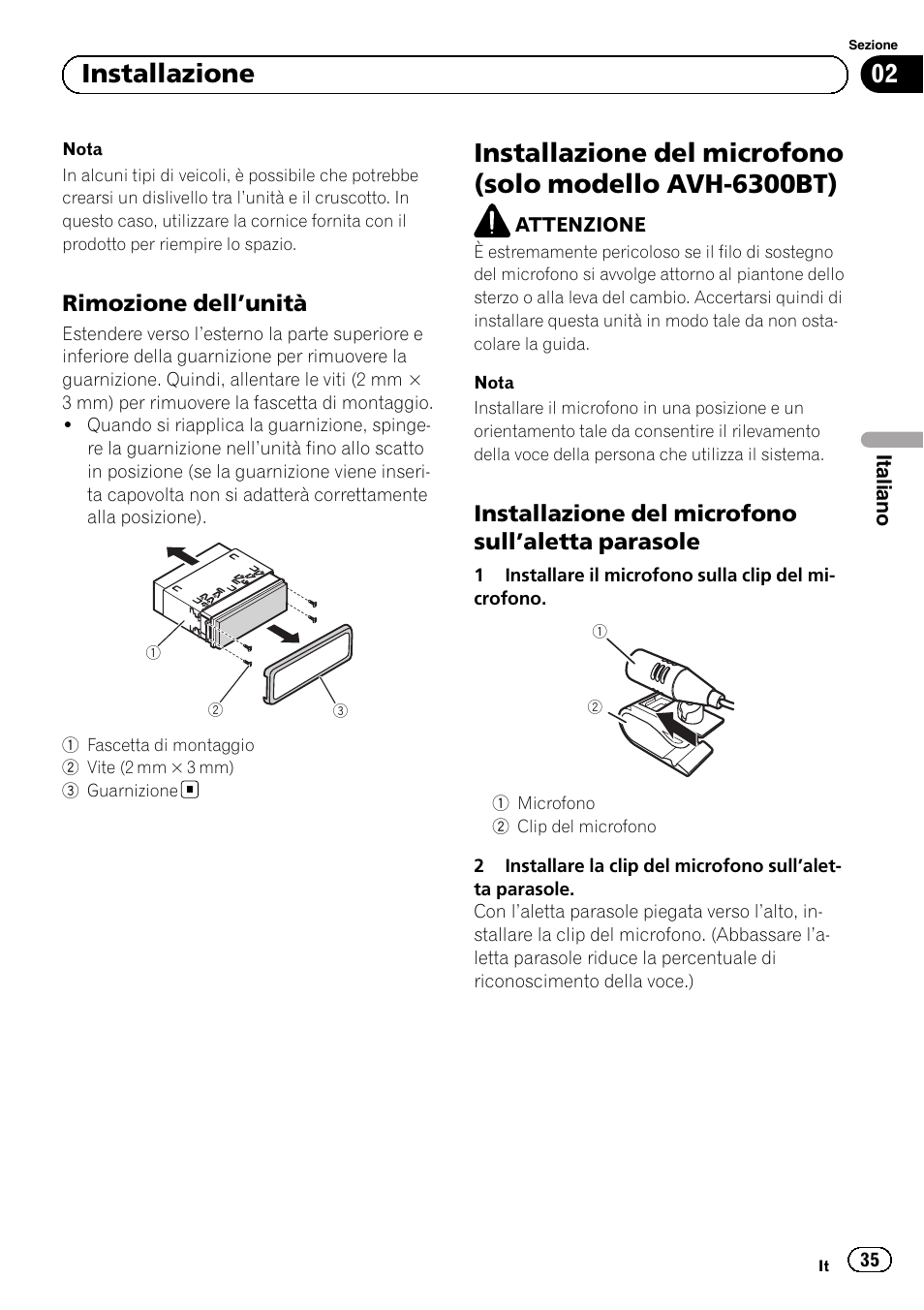 02 installazione, Rimozione dell ’unità, Installazione del microfono sull ’aletta parasole | Pioneer AVH-5300DVD User Manual | Page 35 / 76