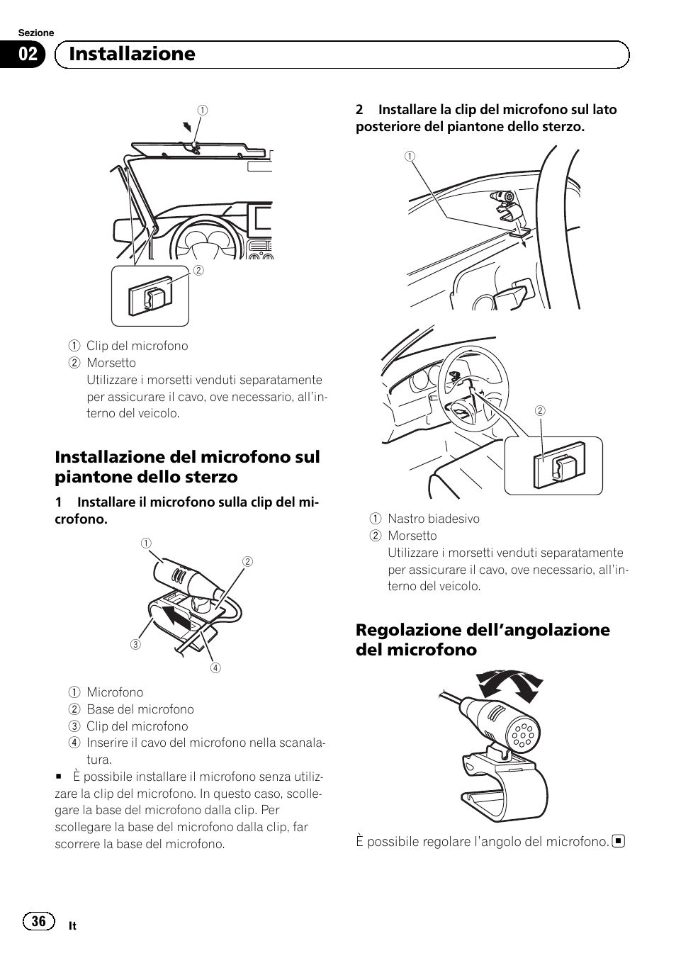 02 installazione, Regolazione dell ’angolazione del microfono | Pioneer AVH-5300DVD User Manual | Page 36 / 76