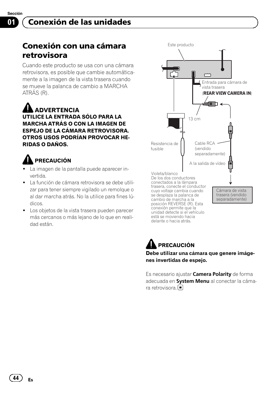 Conexión con una cámara retrovisora, 01 conexión de las unidades | Pioneer AVH-5300DVD User Manual | Page 44 / 76