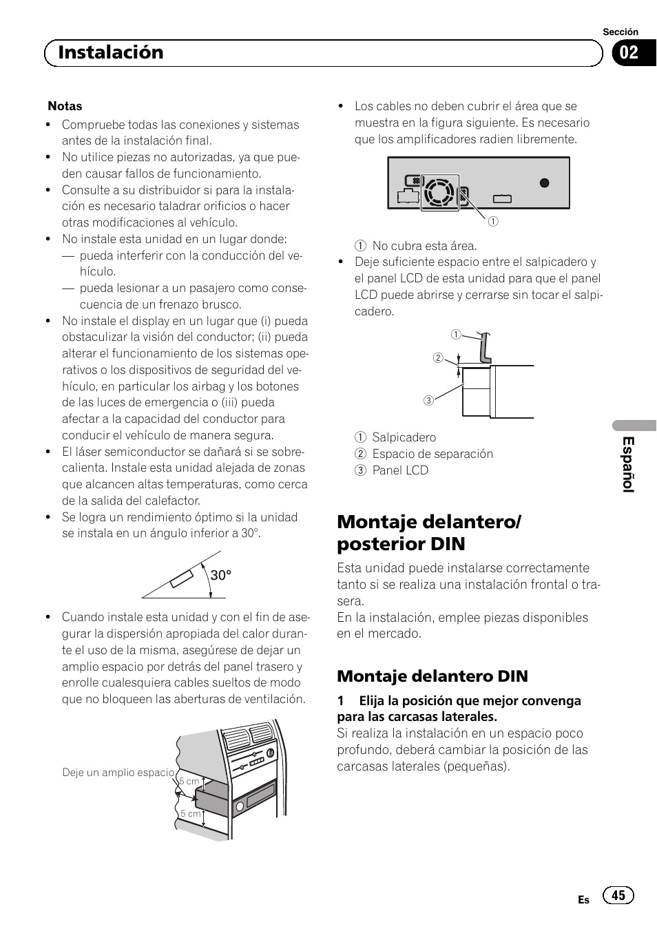 Montaje delantero/ posterior din, 02 instalación, Montaje delantero din | Pioneer AVH-5300DVD User Manual | Page 45 / 76