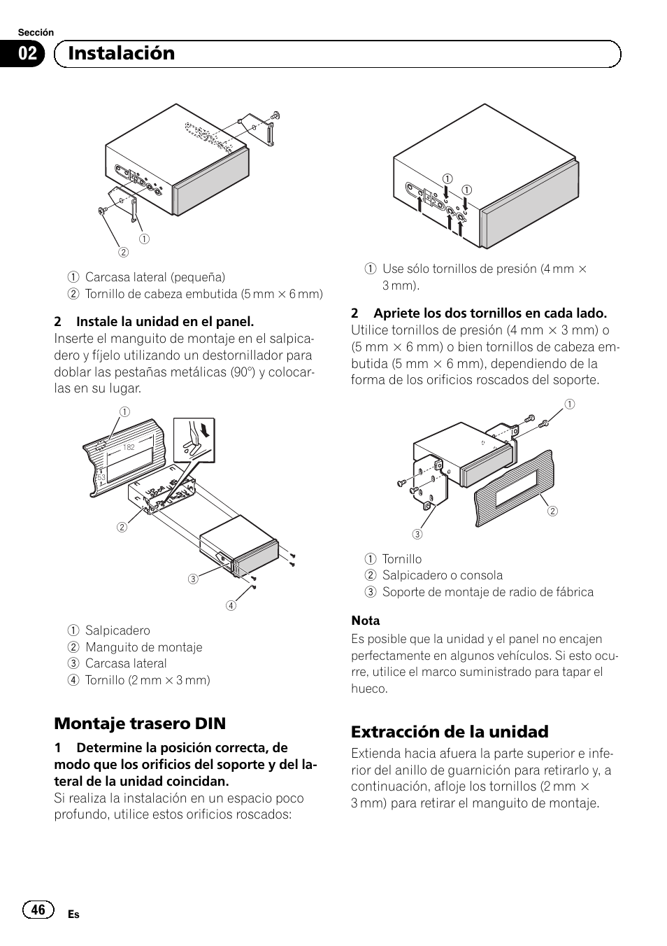 02 instalación, Montaje trasero din, Extracción de la unidad | Pioneer AVH-5300DVD User Manual | Page 46 / 76