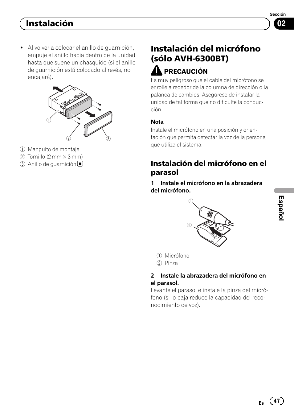 Instalación del micrófono (sólo avh-6300bt), 02 instalación, Instalación del micrófono en el parasol | Pioneer AVH-5300DVD User Manual | Page 47 / 76