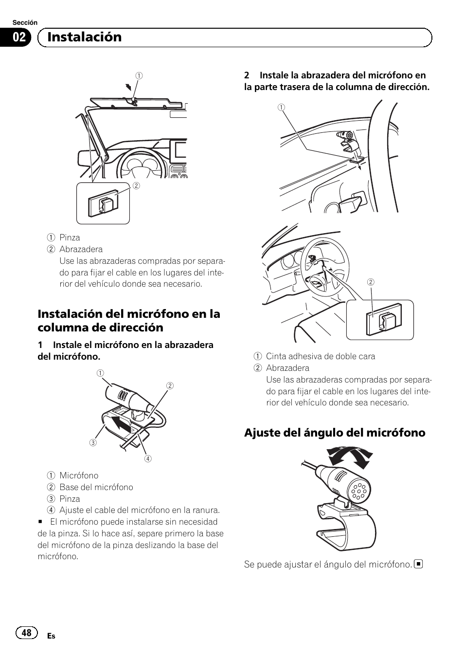 02 instalación, Ajuste del ángulo del micrófono | Pioneer AVH-5300DVD User Manual | Page 48 / 76