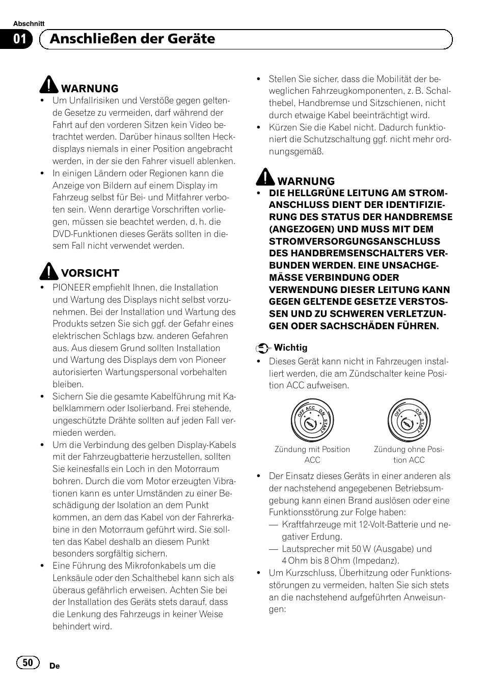 01 anschließen der geräte, Warnung, Vorsicht | Pioneer AVH-5300DVD User Manual | Page 50 / 76