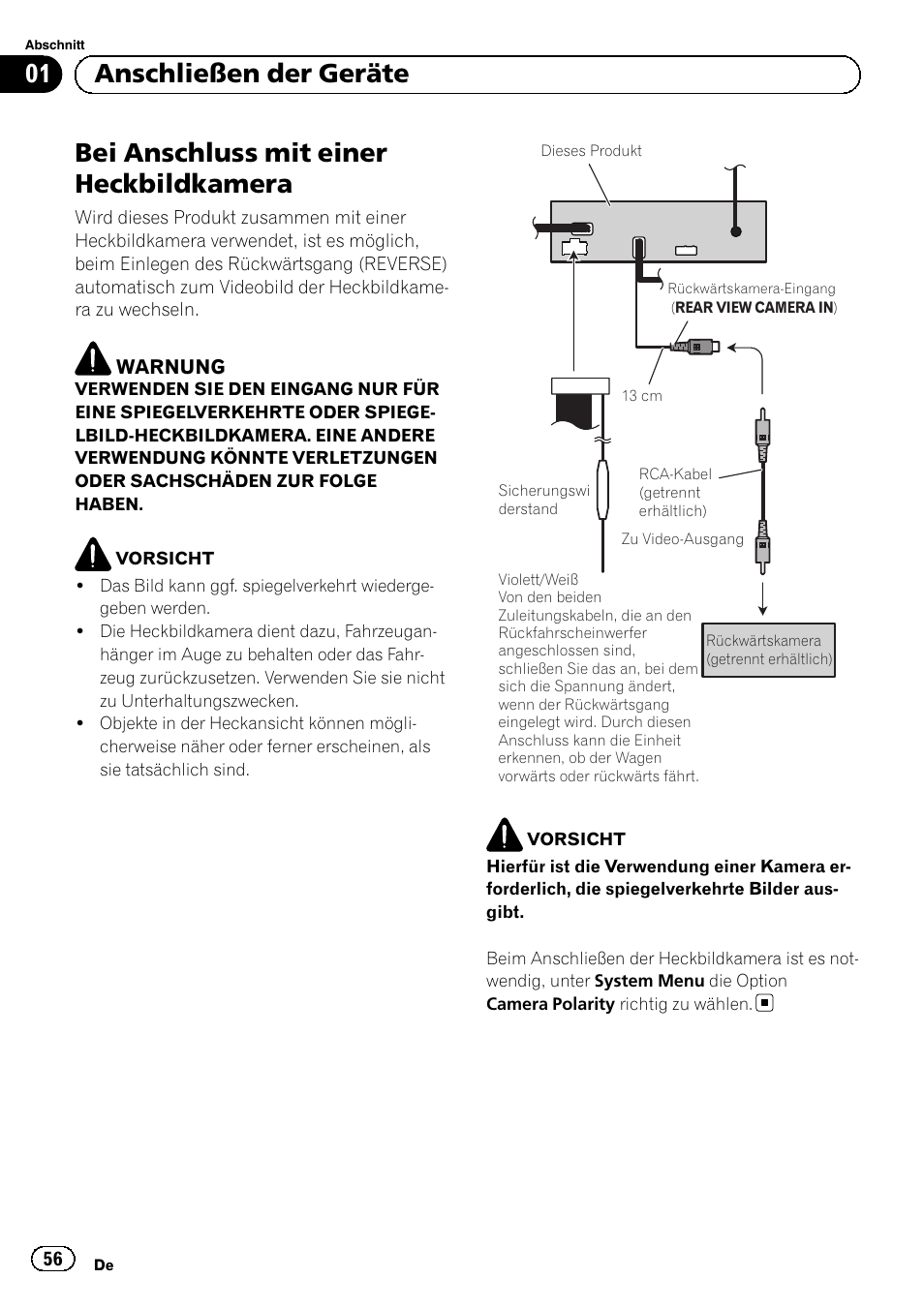 Bei anschluss mit einer heckbildkamera, 01 anschließen der geräte | Pioneer AVH-5300DVD User Manual | Page 56 / 76