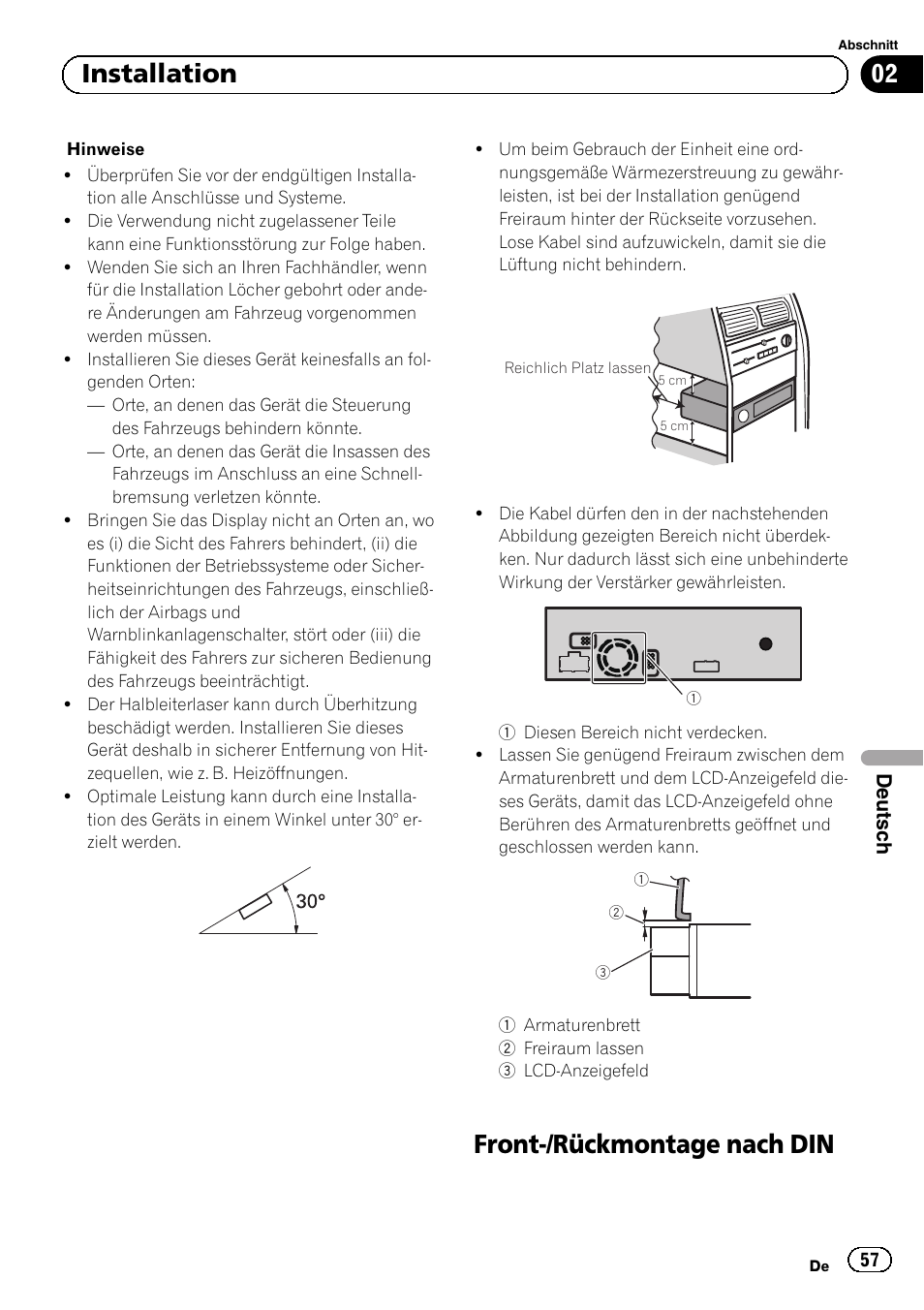 Front-/rückmontage nach din, 02 installation, Deutsch | Pioneer AVH-5300DVD User Manual | Page 57 / 76