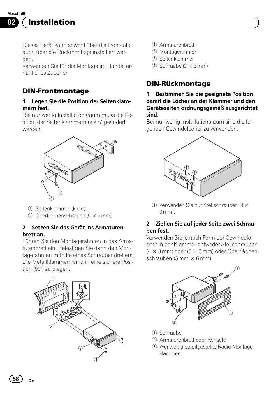 02 installation, Din-frontmontage, Din-rückmontage | Pioneer AVH-5300DVD User Manual | Page 58 / 76