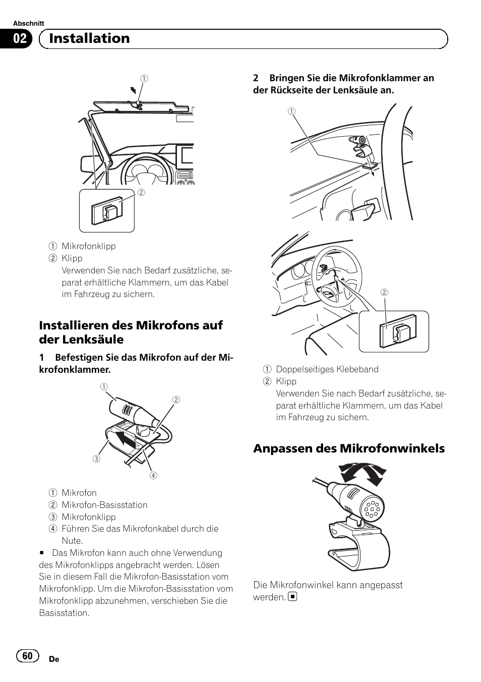 02 installation, Installieren des mikrofons auf der lenksäule, Anpassen des mikrofonwinkels | Pioneer AVH-5300DVD User Manual | Page 60 / 76