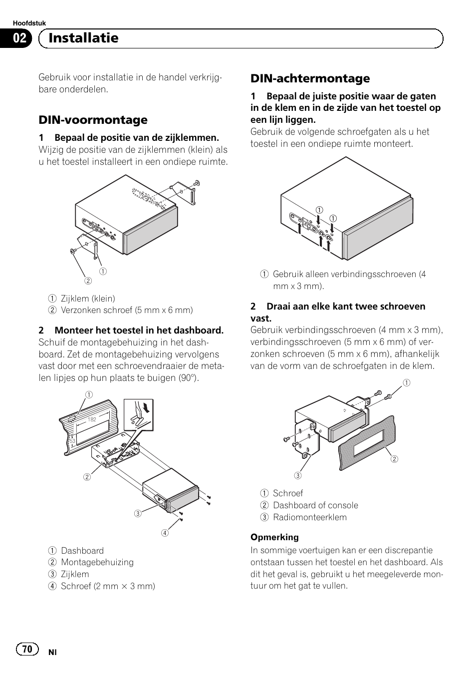 02 installatie, Din-voormontage, Din-achtermontage | Pioneer AVH-5300DVD User Manual | Page 70 / 76