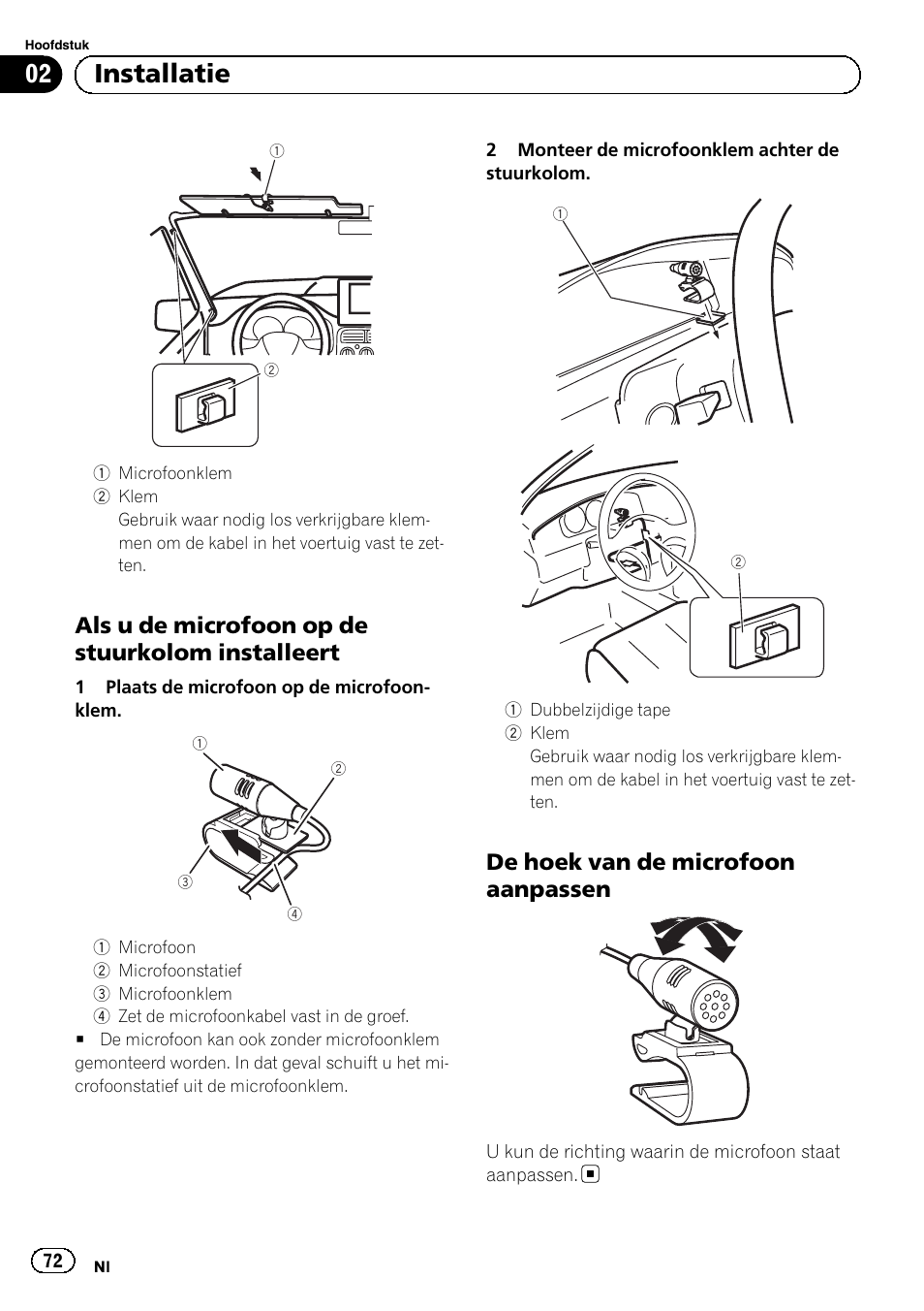 02 installatie, Als u de microfoon op de stuurkolom installeert, De hoek van de microfoon aanpassen | Pioneer AVH-5300DVD User Manual | Page 72 / 76