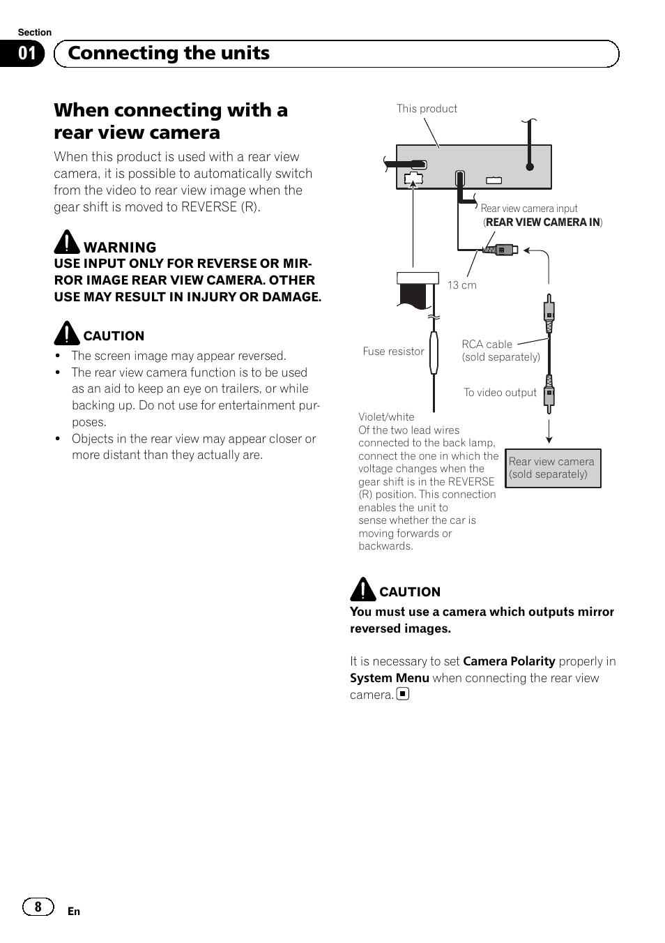 When connecting with a rear view camera, 01 connecting the units | Pioneer AVH-5300DVD User Manual | Page 8 / 76