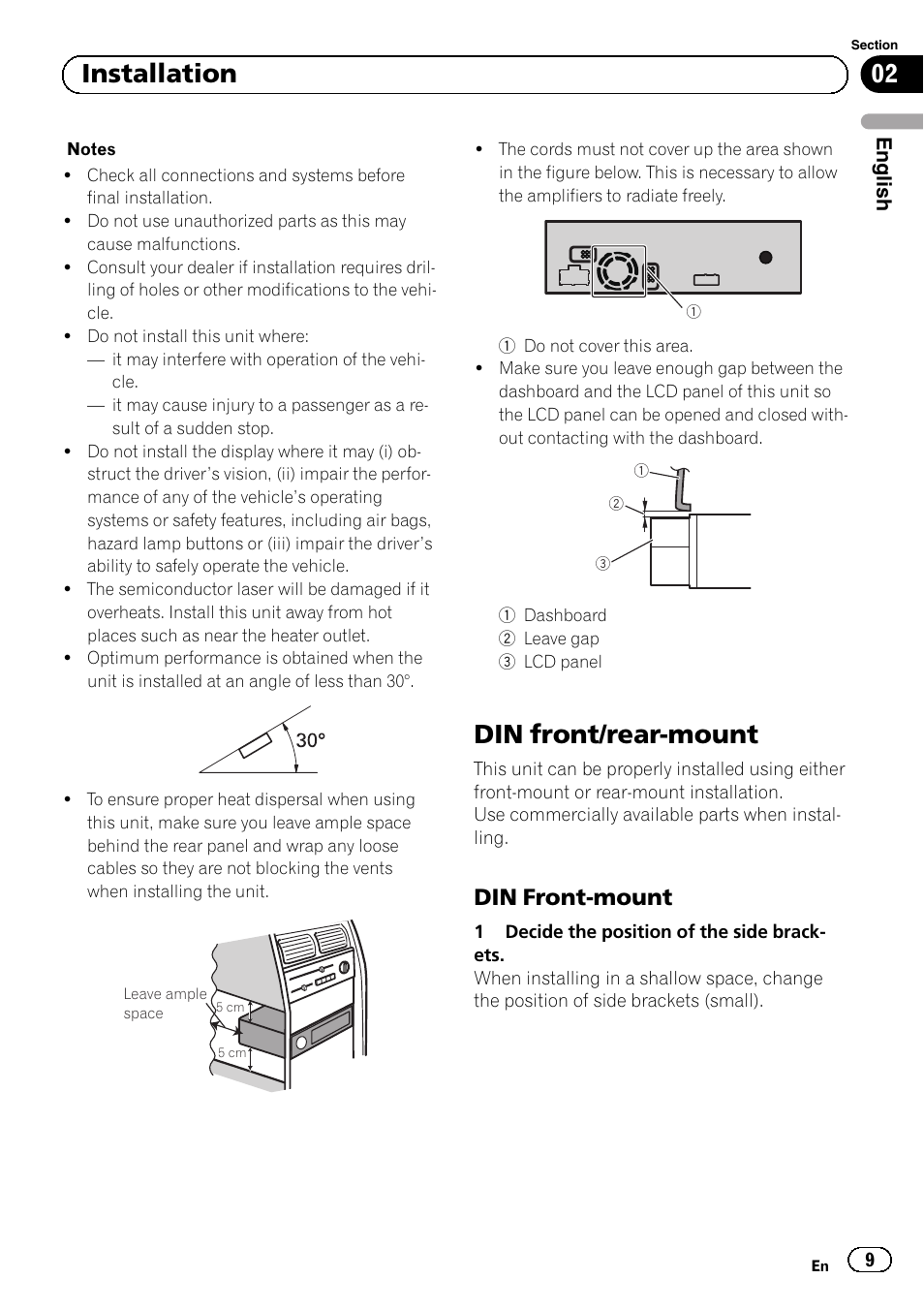 Din front/rear-mount, 02 installation, Din front-mount | Pioneer AVH-5300DVD User Manual | Page 9 / 76