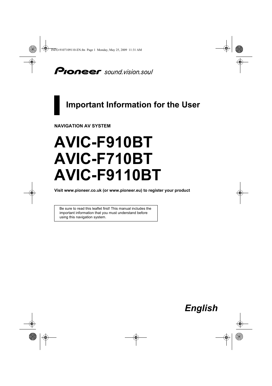 Pioneer AVIC-F9110BT User Manual | 24 pages