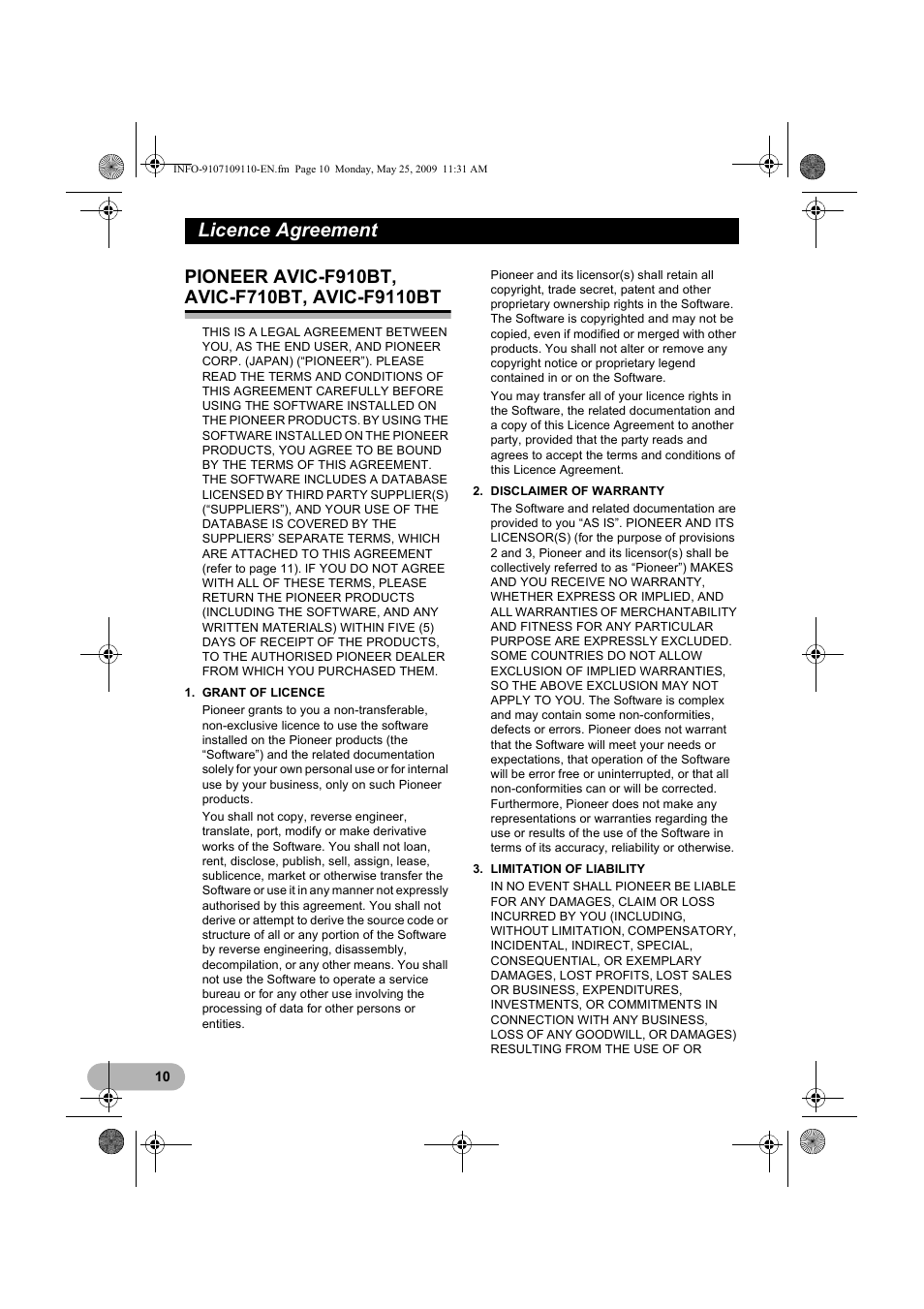 Licence agreement, Pioneer av | Pioneer AVIC-F9110BT User Manual | Page 10 / 24