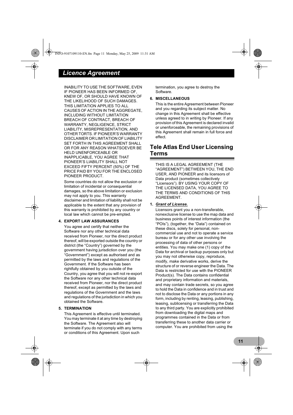 Tele atlas end user licensing terms, Licence agreement | Pioneer AVIC-F9110BT User Manual | Page 11 / 24