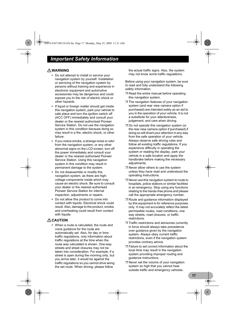 Important safety information | Pioneer AVIC-F9110BT User Manual | Page 17 / 24