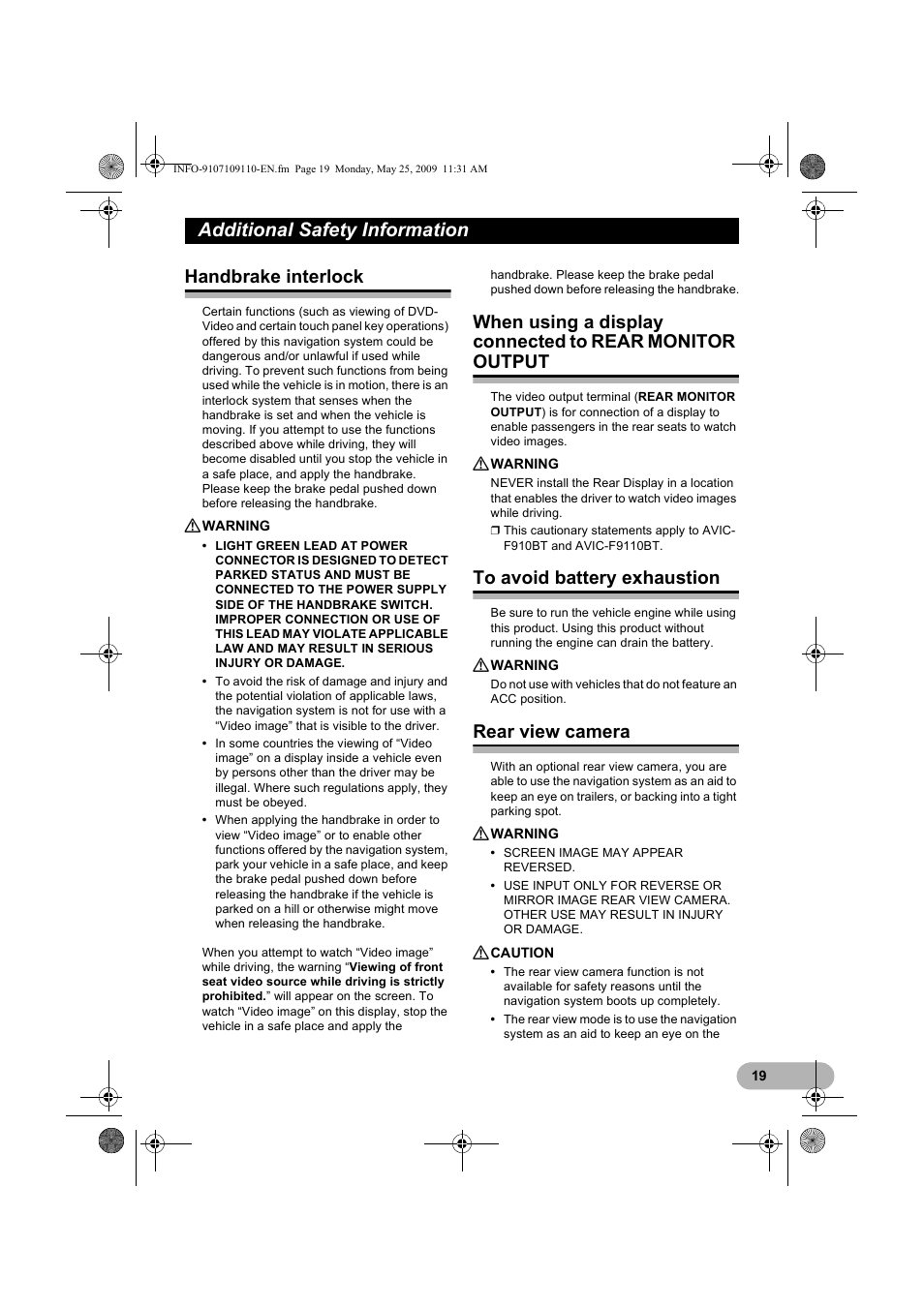 Additional safety information, Handbrake interlock, When using a display connected | To r, To avoid battery exhaustion, Rear view camera | Pioneer AVIC-F9110BT User Manual | Page 19 / 24