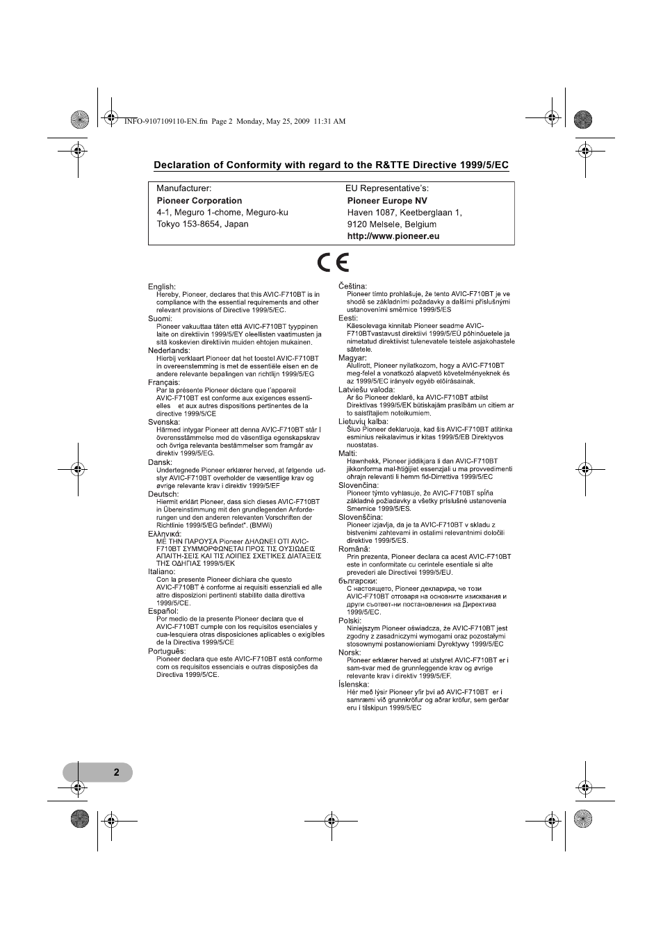 Pioneer AVIC-F9110BT User Manual | Page 2 / 24
