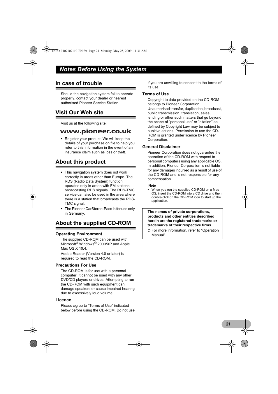 Notes before using the system, In case of trouble, Visit our web site | About this product, About the supplied cd-rom | Pioneer AVIC-F9110BT User Manual | Page 21 / 24