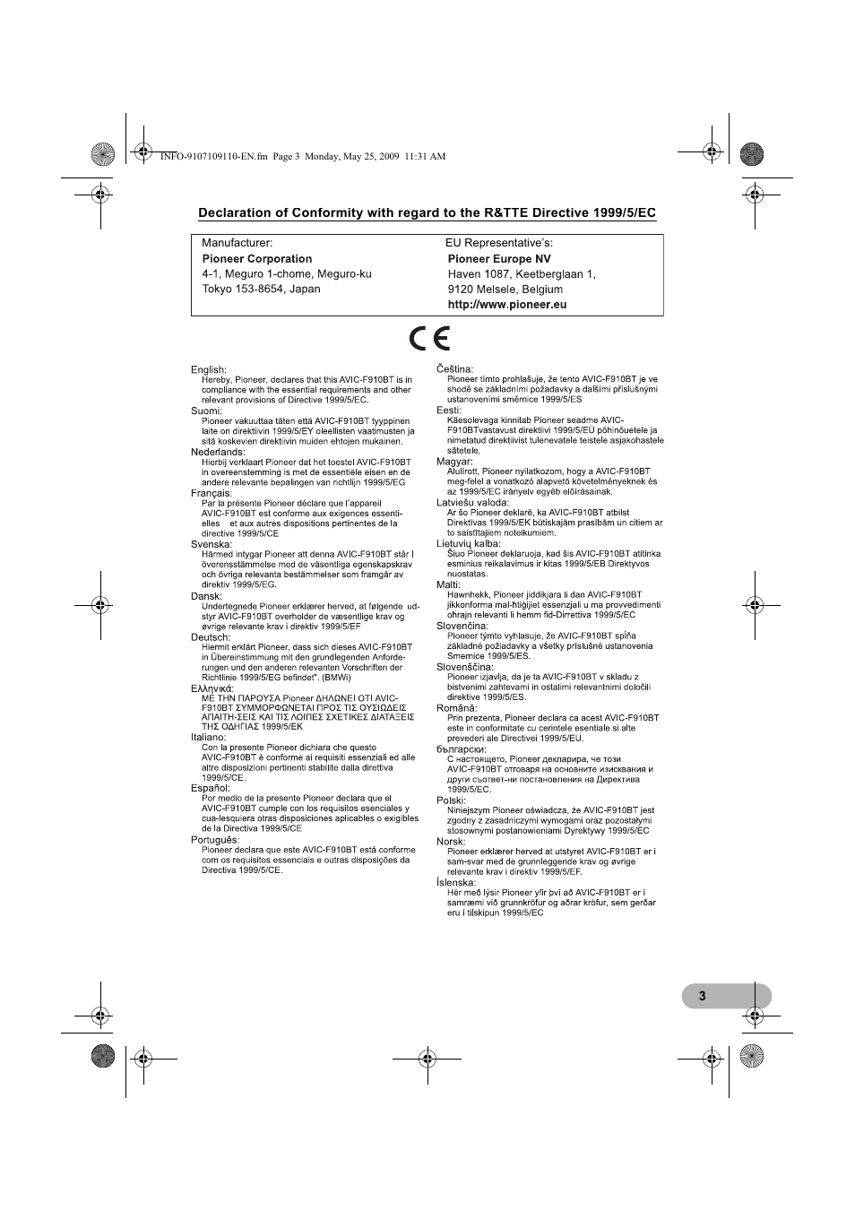 Pioneer AVIC-F9110BT User Manual | Page 3 / 24