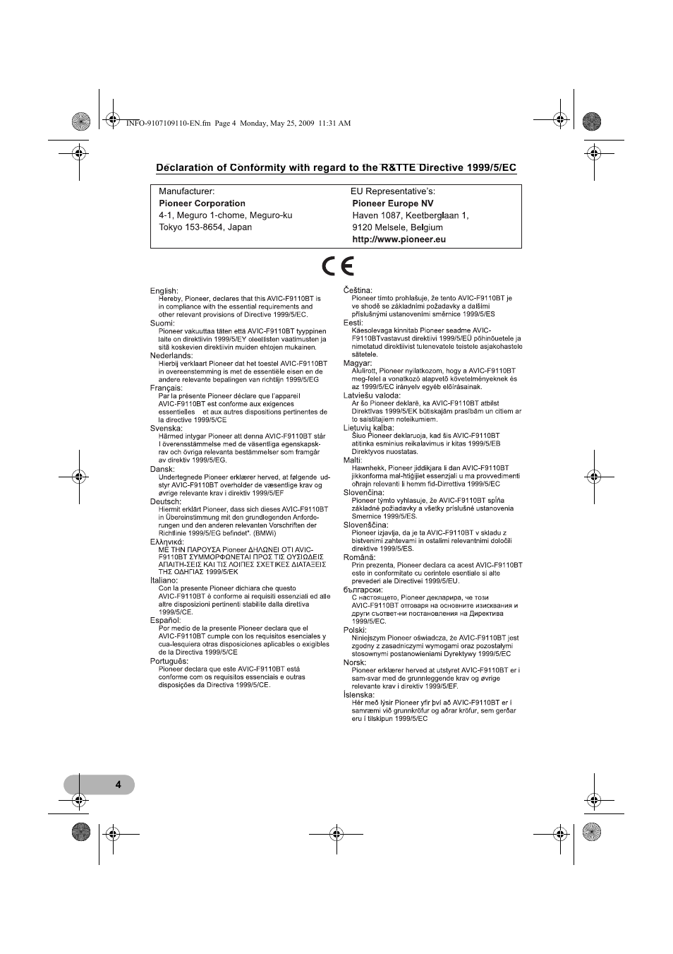 Pioneer AVIC-F9110BT User Manual | Page 4 / 24