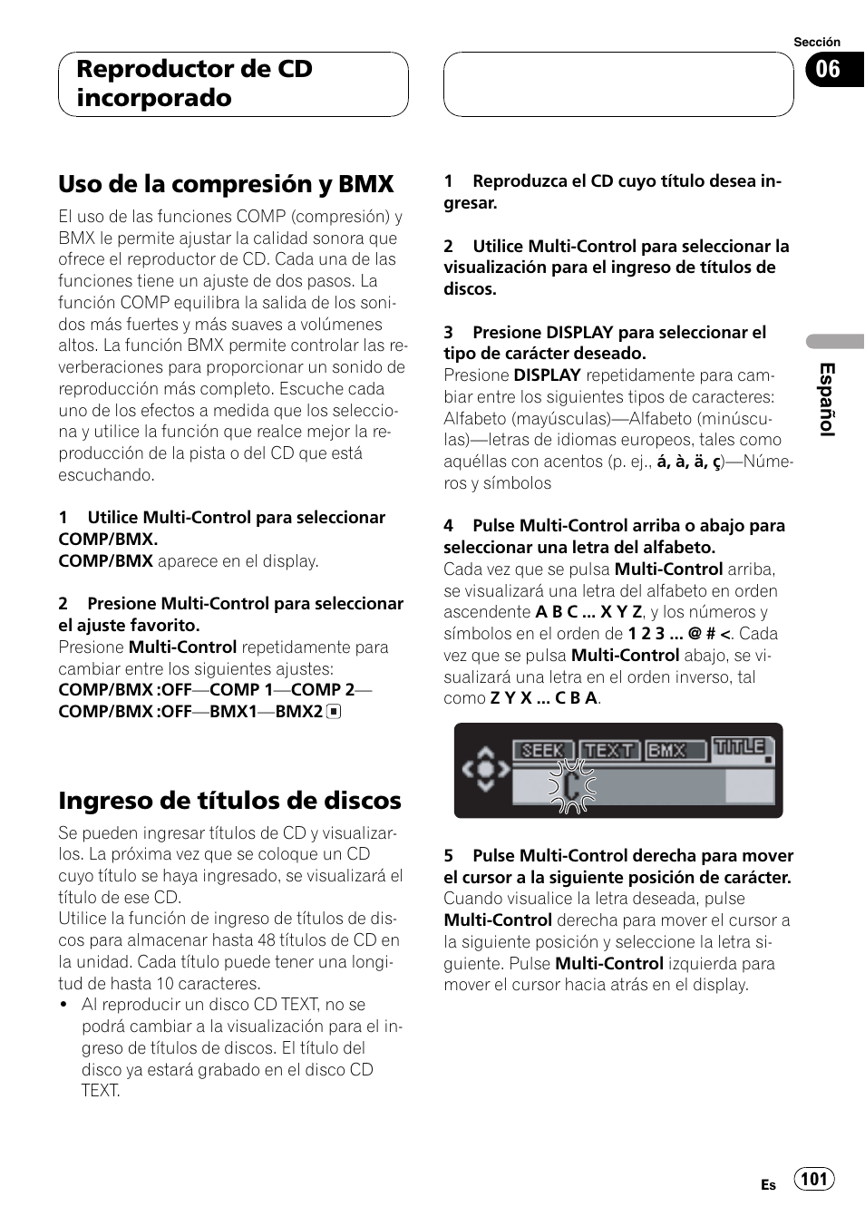 Uso de la compresión y bmx 101, Ingreso de títulos de discos 101, Uso de la compresión y bmx | Ingreso de títulos de discos, Reproductor de cd incorporado | Pioneer DEH-P80MP User Manual | Page 101 / 155