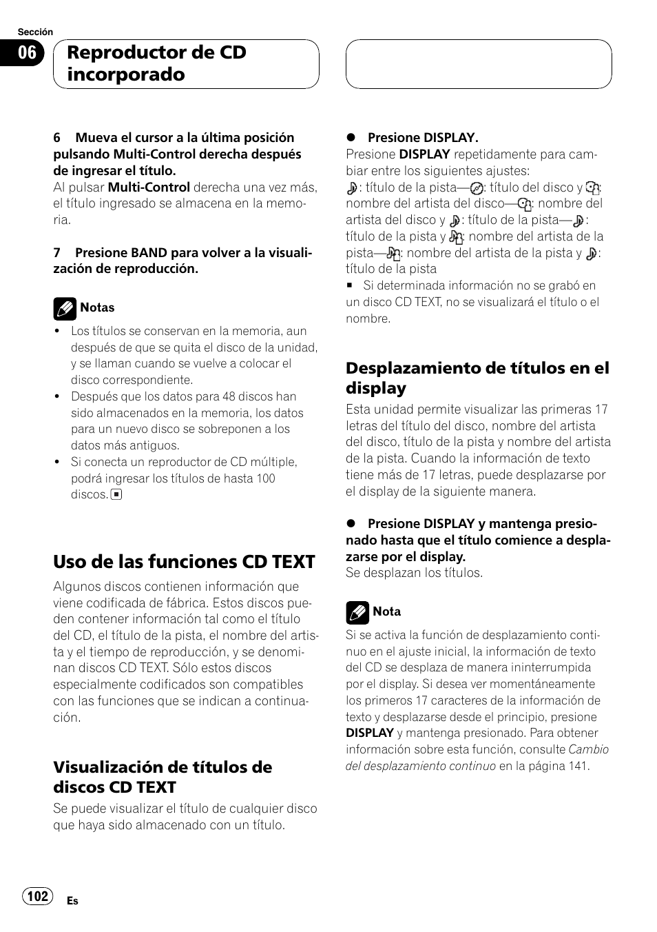 Uso de las funciones cd text 102, Visualización de títulos de discos cd, Text 102 | Desplazamiento de títulos en el, Display 102, Uso de las funciones cd text, Reproductor de cd incorporado, Visualización de títulos de discos cd text, Desplazamiento de títulos en el display | Pioneer DEH-P80MP User Manual | Page 102 / 155
