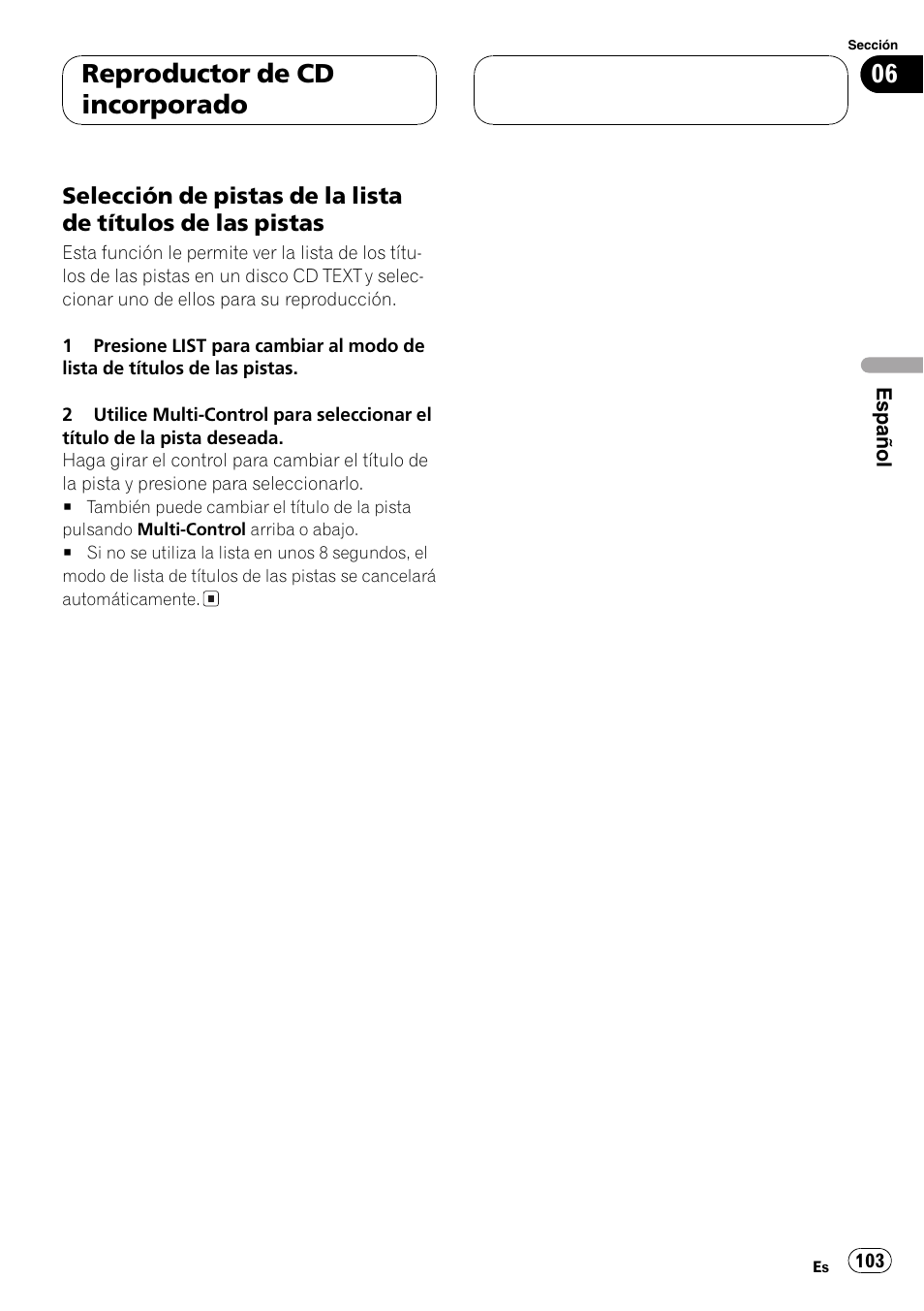 Selección de pistas de la lista de, Títulos de las pistas 103, Reproductor de cd incorporado | Pioneer DEH-P80MP User Manual | Page 103 / 155
